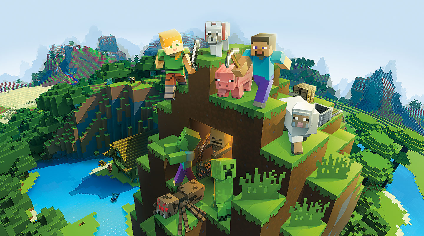 Minecraft characters stand on a blocky mountain.