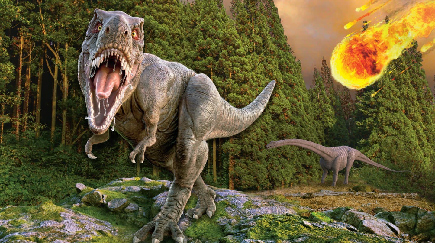 A T rex roars as a meteor strikes the Earth.