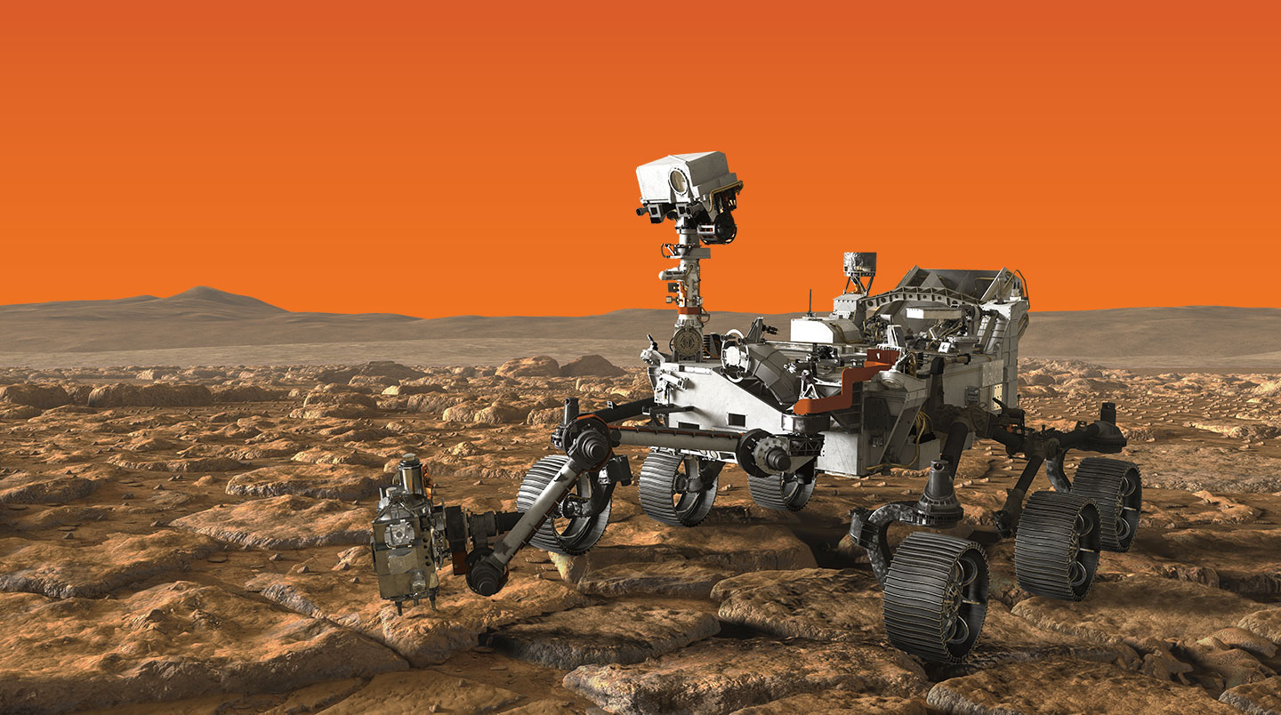 The Mars rover has 6 wheels and an extended camera module