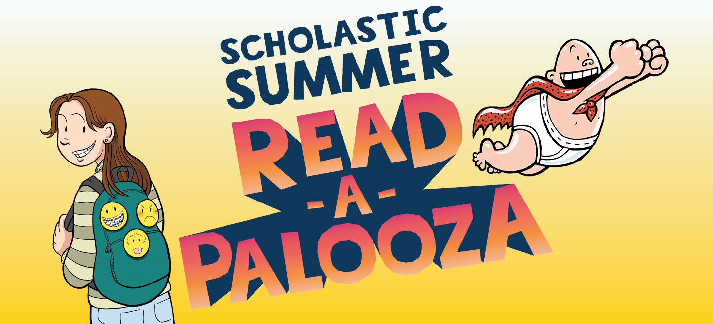 A young girl with a backpack. A toddler flies and wears underpants and a cape. Text, Read a palooza