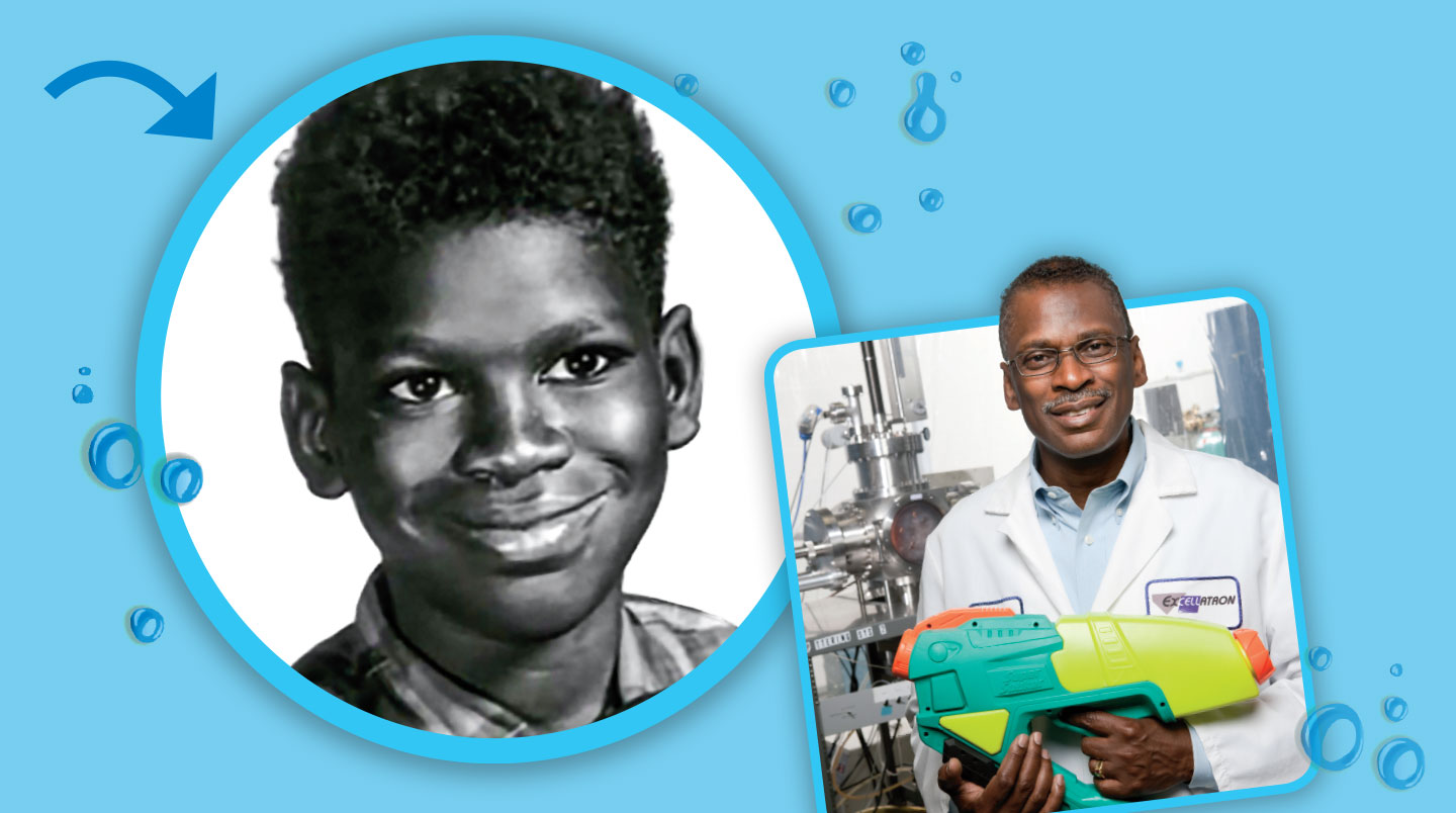 Lonnie Johnson holds s super soaker. Inset, a young Lonnie Johnson smiles.