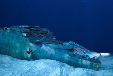 A submersible examines the Titanic’s wreckage.