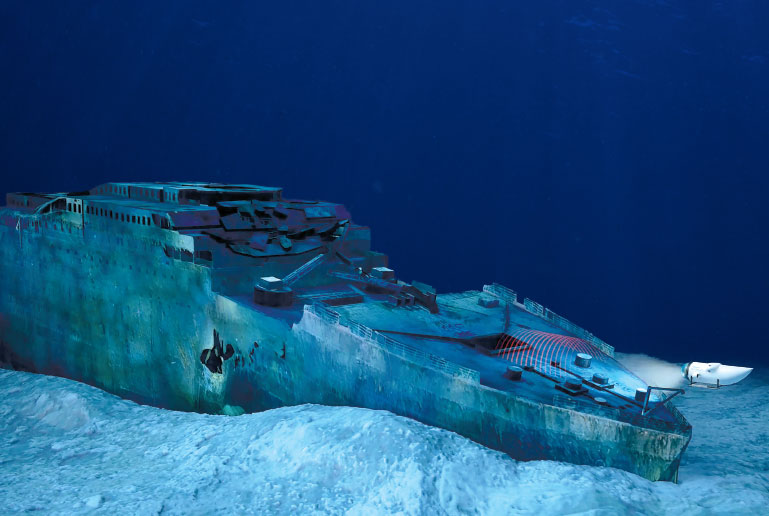 A submersible examines the Titanic’s wreckage.