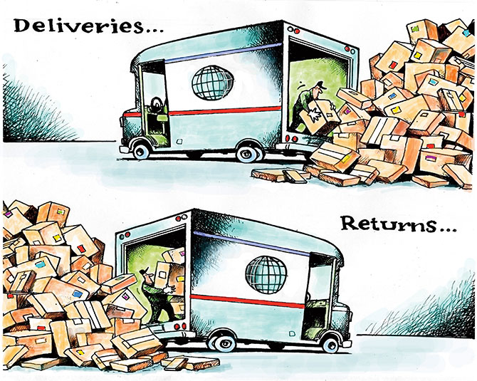 A delivery truck delivers a pile of boxes. A delivery truck picks up a pile of return boxes.