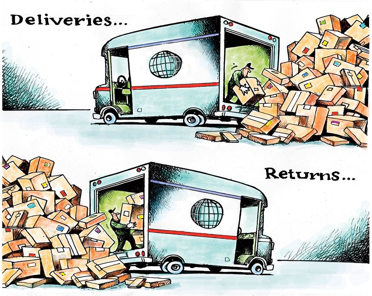 A delivery truck delivers a pile of boxes. A delivery truck picks up a pile of return boxes.