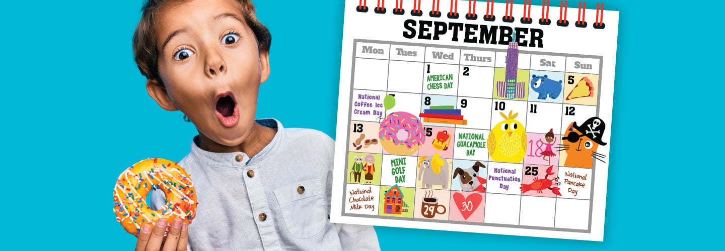 An excited child holding a decorated calendar and a donut