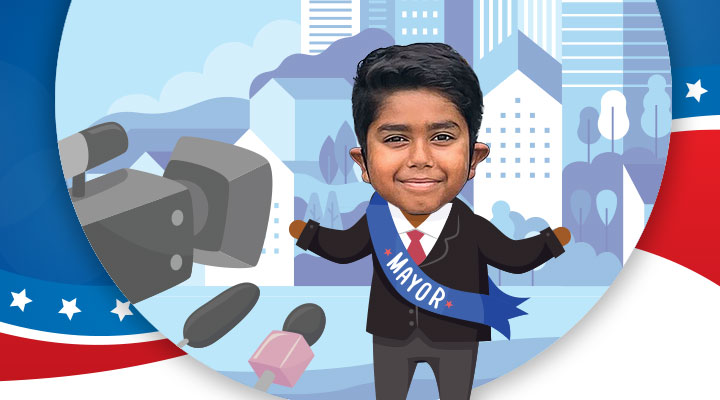 Digital illustration of a kid mayor being interviewed
