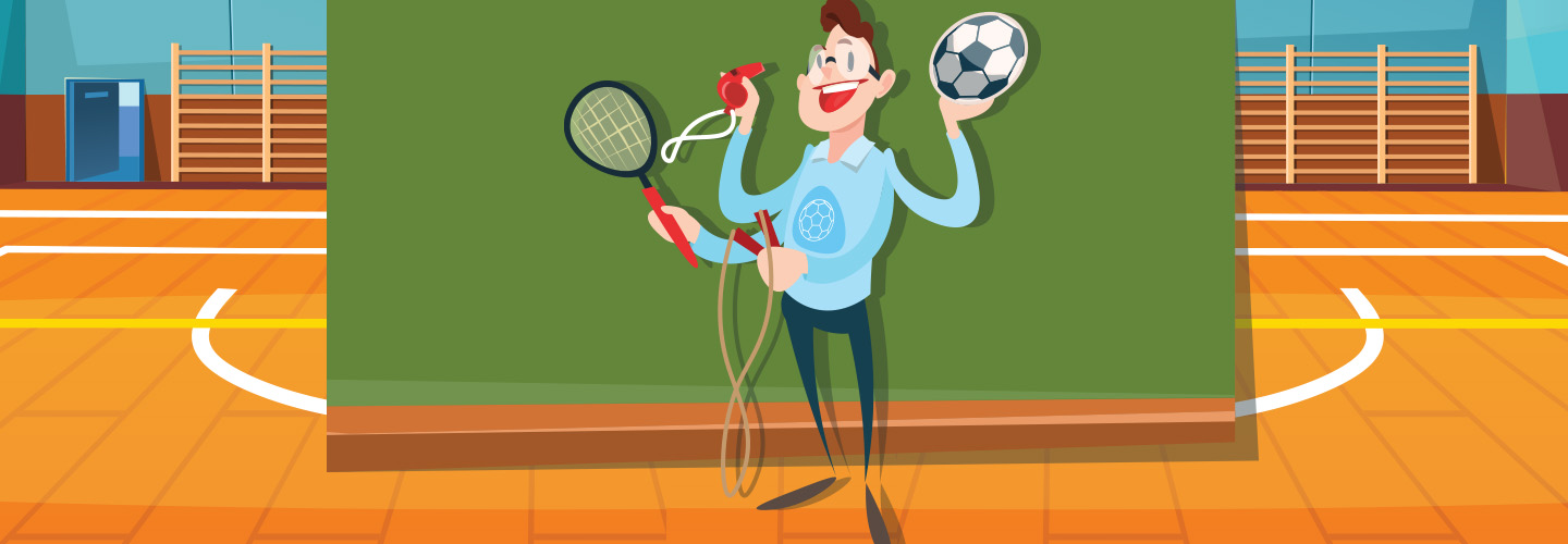 Illustration of a gym teacher juggling different sports gear with multiple hands