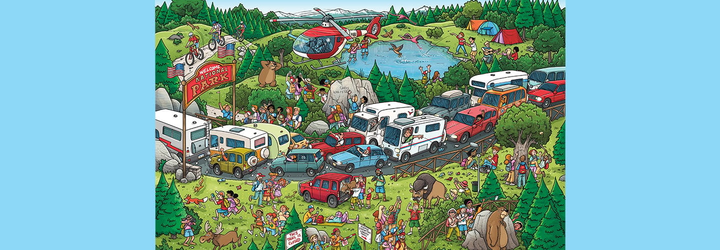 Illustration of a very crowded campsite