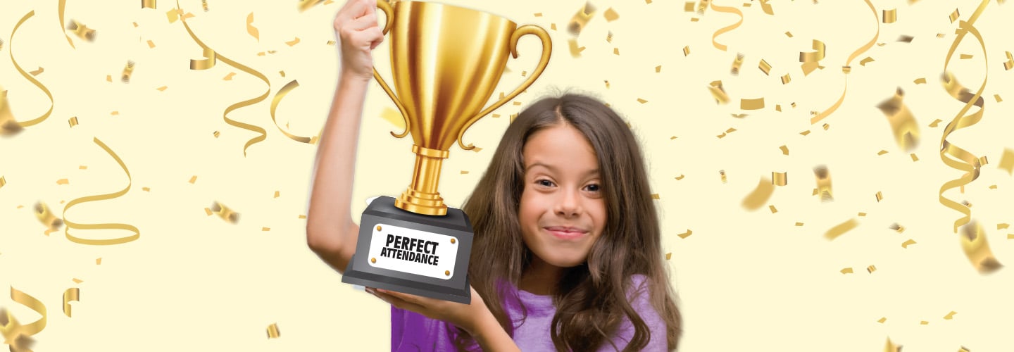 Image of a happy student holding a trophy for "Perfect Attendance"