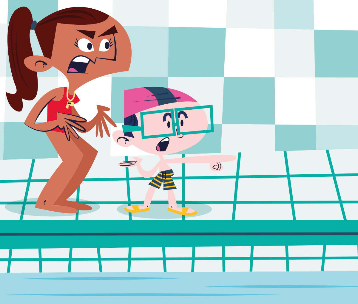 Illustration of a kid alerting lifeguard that another kid is struggling to swim in the pool