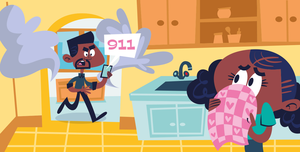 Illustration of a father & daughter in kitchen with father calling 911