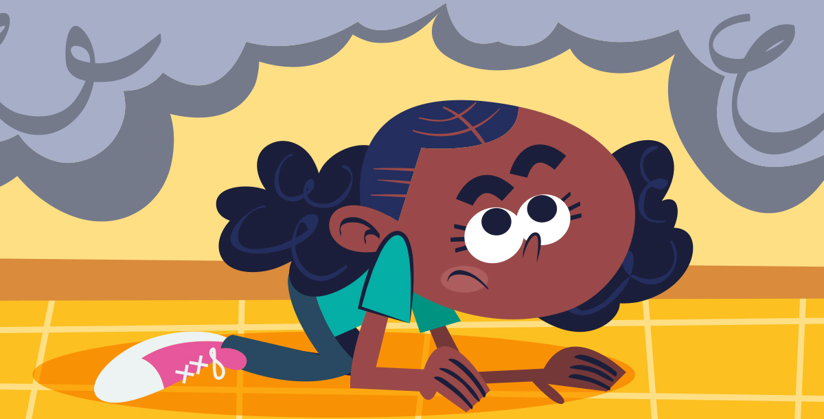 Illustration of a kid crawling on floor while smoke is in the air