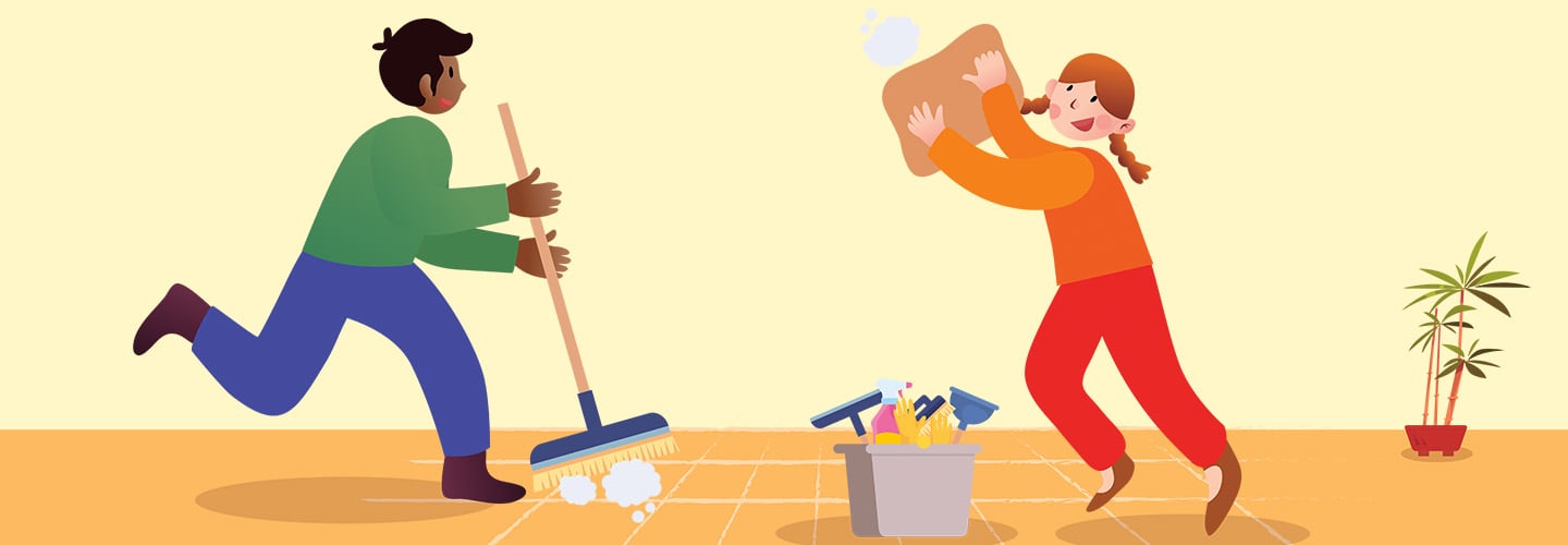 Illustration of kids sweeping the floor and gathering garbage