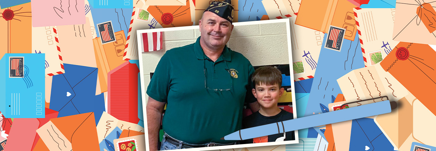 a veteran poses with a young boy