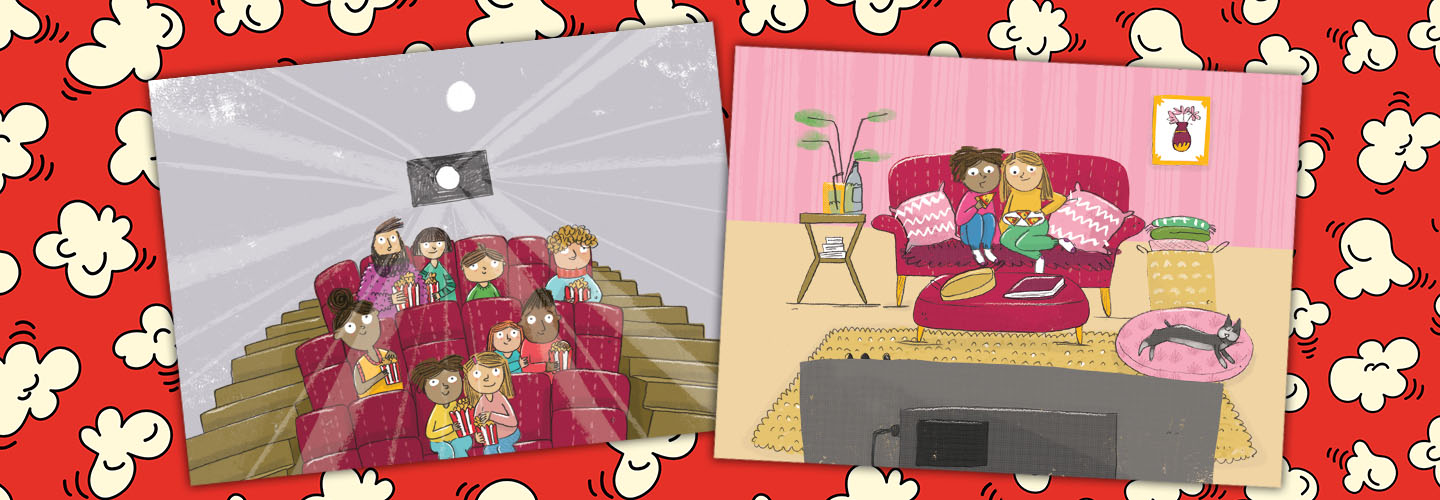 Illustration of people watching movies at theater and at home on couch