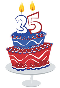 Illustration of a red and blue cake with the number 35 on the top